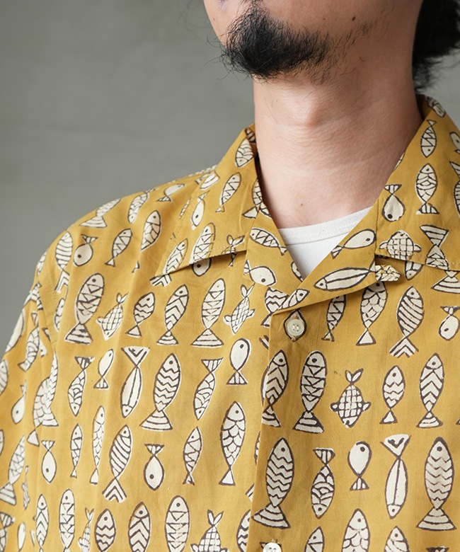 WORKERS(ワーカーズ) Open Collar Shirt -Fish Block Print-オープン