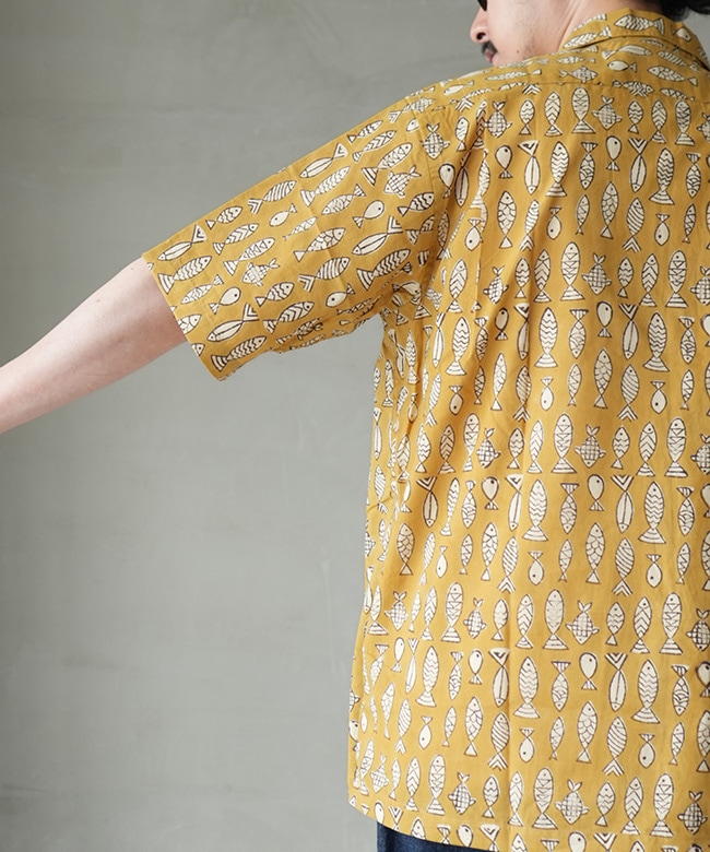 WORKERS(ワーカーズ) Open Collar Shirt -Fish Block Print-オープン