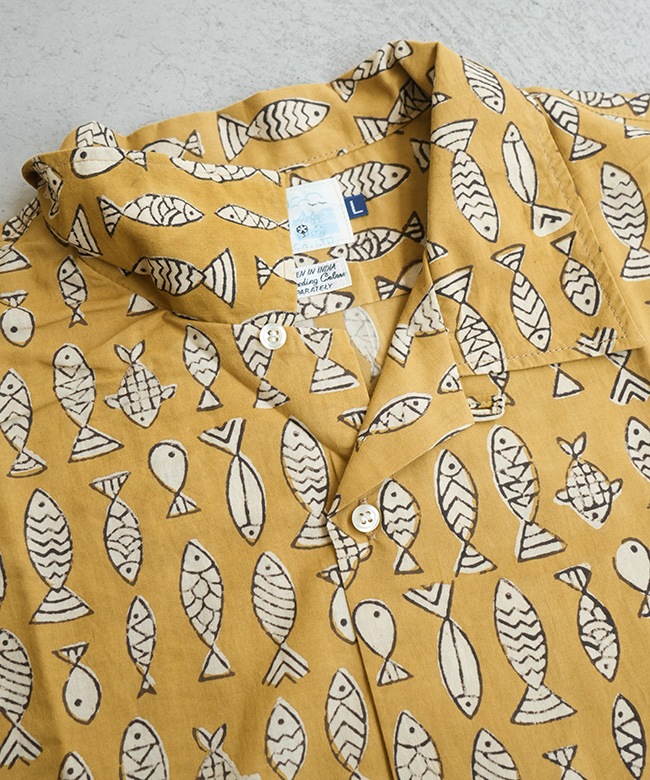 WORKERS(ワーカーズ) Open Collar Shirt -Fish Block Print-オープン