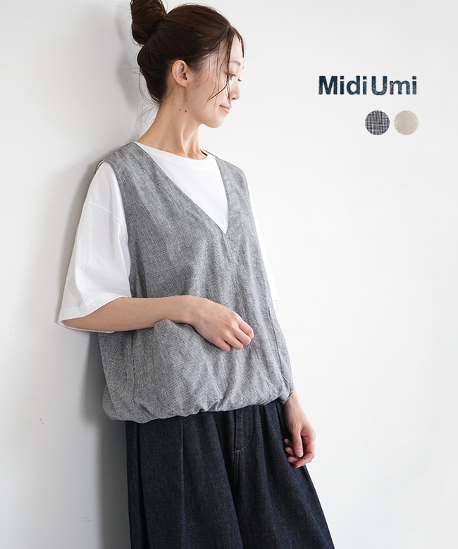 ミディウミ　リネンコットンベスト　ブラック ミディウミ リネンコットンベスト ブラック MidiUmi ノーザン
