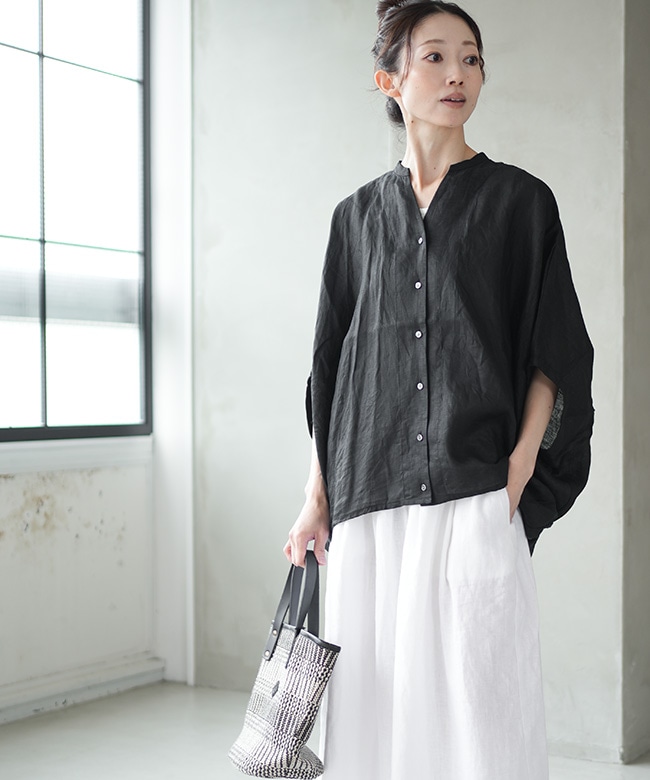 mizuiro ind(ミズイロインド) リネンスタンドカラーコクーンシャツ