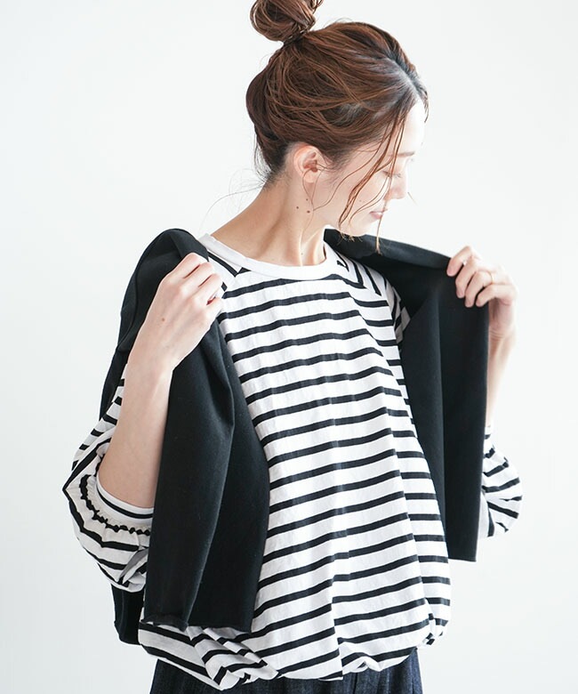 ◇[SMA-PUF-HIMO-LSBD]SOLAMONAT(ソラモナ) パフ天竺 裾紐ボーダー長袖