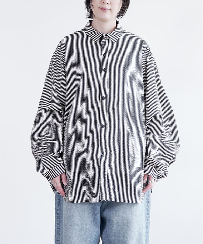 ホワイトストライプコットン半袖シャツ COOLMAX STRETCH SEERSUCKER ホワイトストライプカジュアル半袖