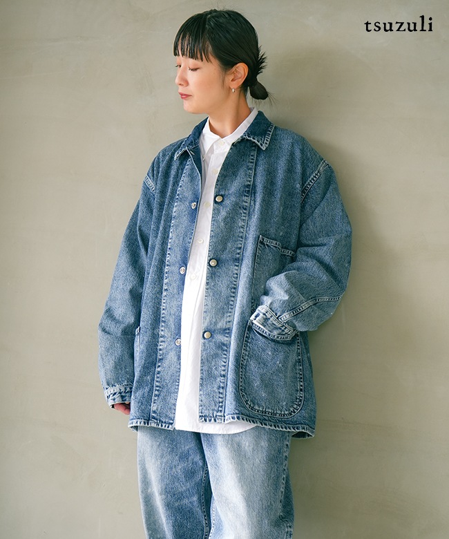 D32500]tsuzuli(ツヅリ) COVERALLS JACKET INDIGO DENIM(ACID WASH