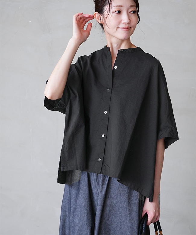 mizuiro ind スタンドカラー ワイドシャツ 半袖 ブラウス リネン混 SALE 20%OFF】[2-230110]mizuiro ind(ミズイロインド)linen
