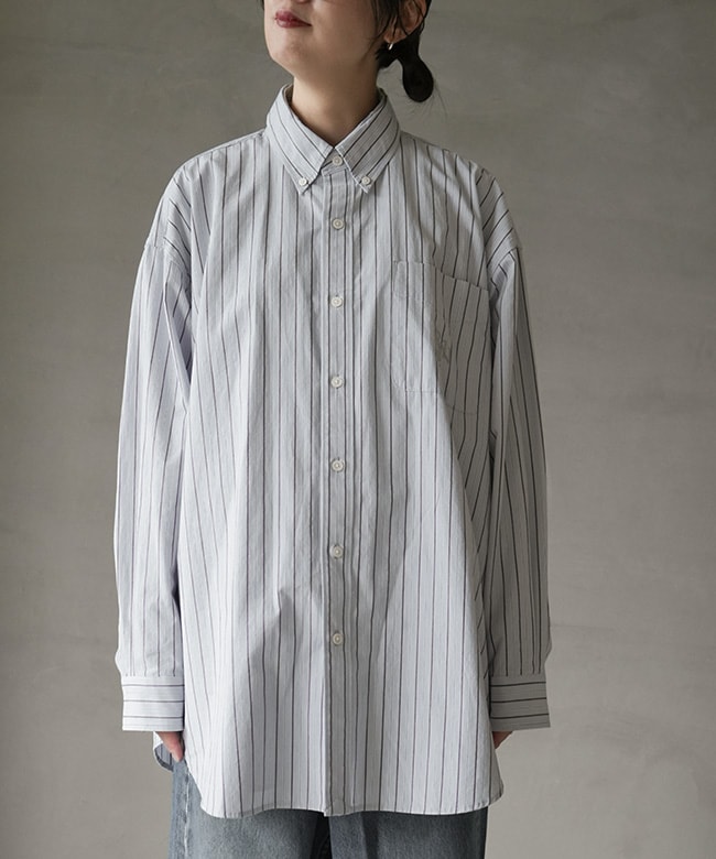 RhodolirioN ストライプ フーデッドシャツ Rhodolirion(ロドリリオン) Double Layer BD Shirt Dress - Stripe