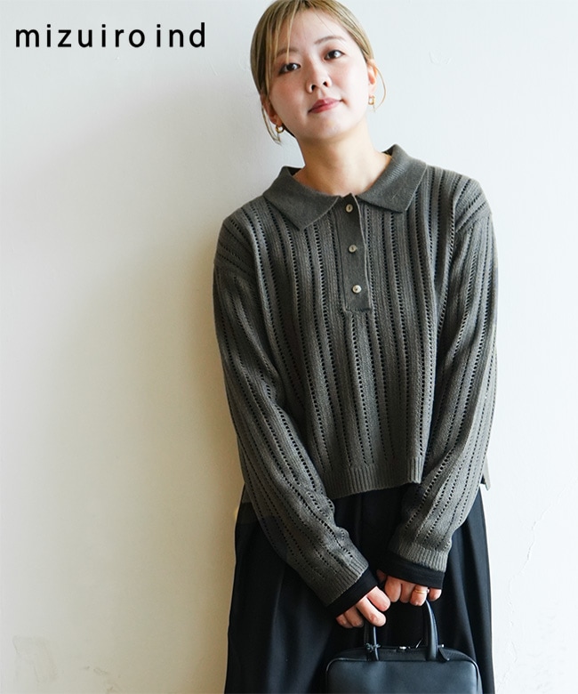 mizuiro ind(ミズイロインド)foil printing mesh polo knit 箔プリント