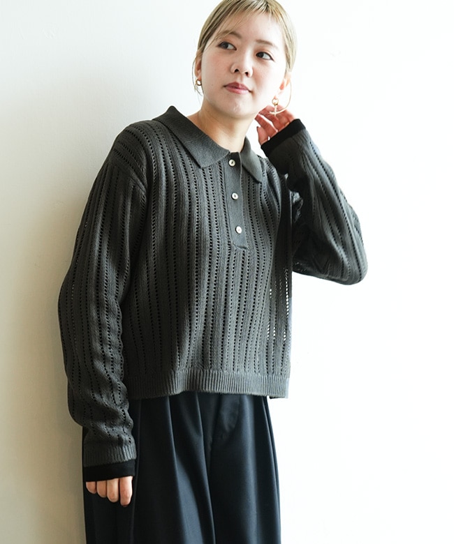 mizuiro ind(ミズイロインド)foil printing mesh polo knit 箔プリント