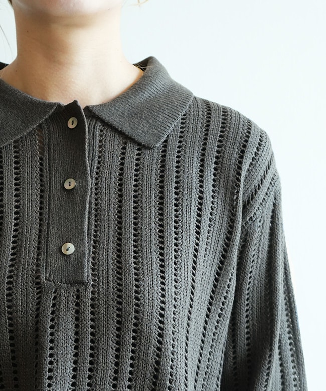 mizuiro ind(ミズイロインド)foil printing mesh polo knit 箔プリント