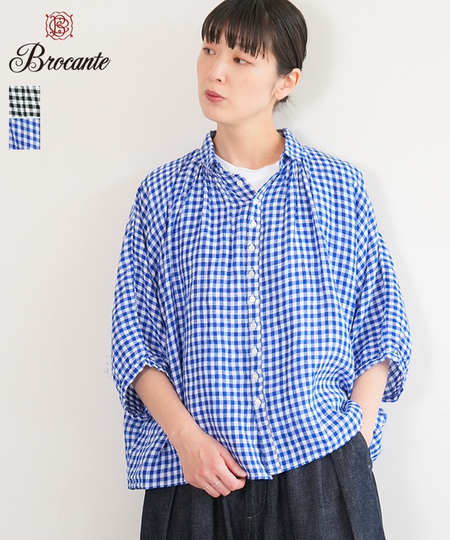 36-268L]Brocante(ブロカント) フレンチリネングランシャツ ギンガム