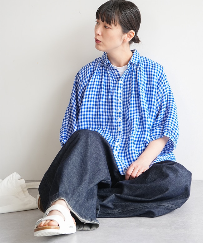 36-268L]Brocante(ブロカント) フレンチリネングランシャツ ギンガム