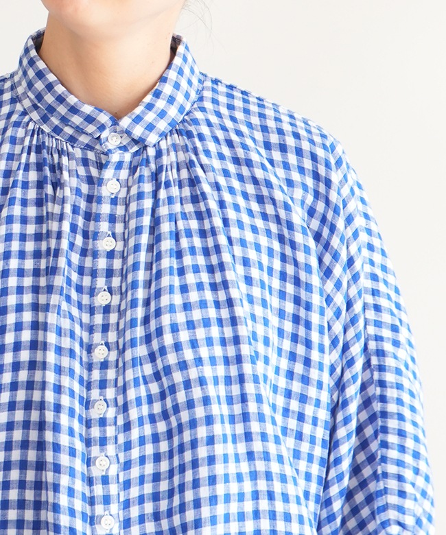 美品✨45R カディ コットン ブラウス ブルー チェック タータンチェックギャザースリーブブラウス（H5M12537＿＿