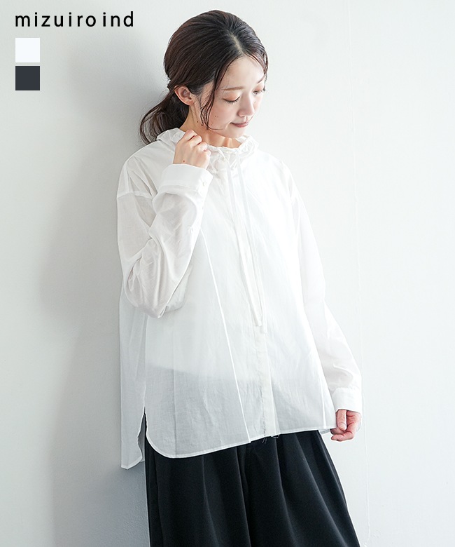 mizuiro ind(ミズイロインド) gathered stand collar shirt ギャザー