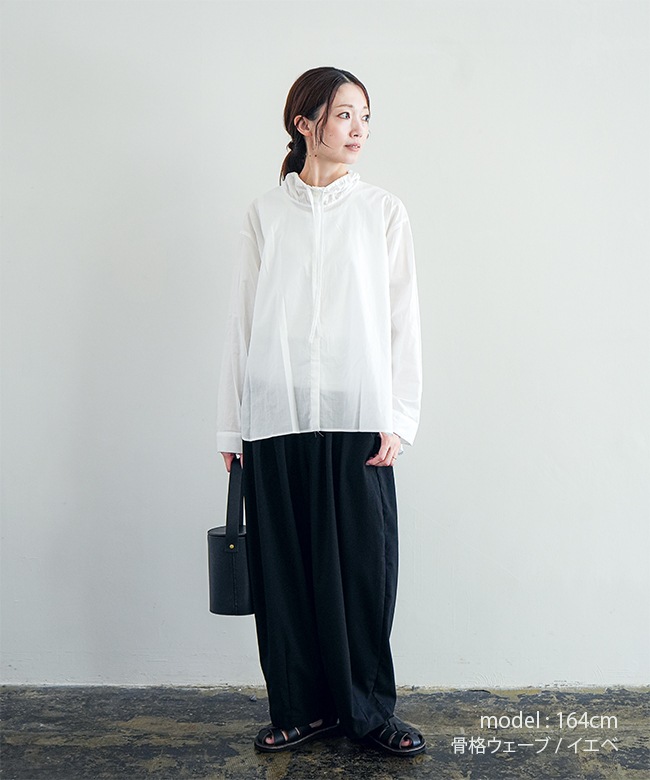 mizuiro ind(ミズイロインド) gathered stand collar shirt ギャザー