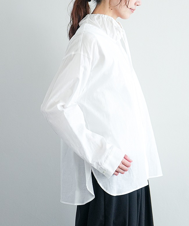 ミズイロインド　ギャザースタンドカラーシャツ mizuiro ind｜gathered stand collar shirt ギャザースタンドカラー