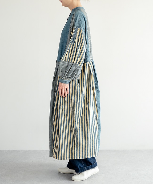 TB25313]tumugu(ツムグ)デニム×ヒッコリーストライプ 2wayワンピース