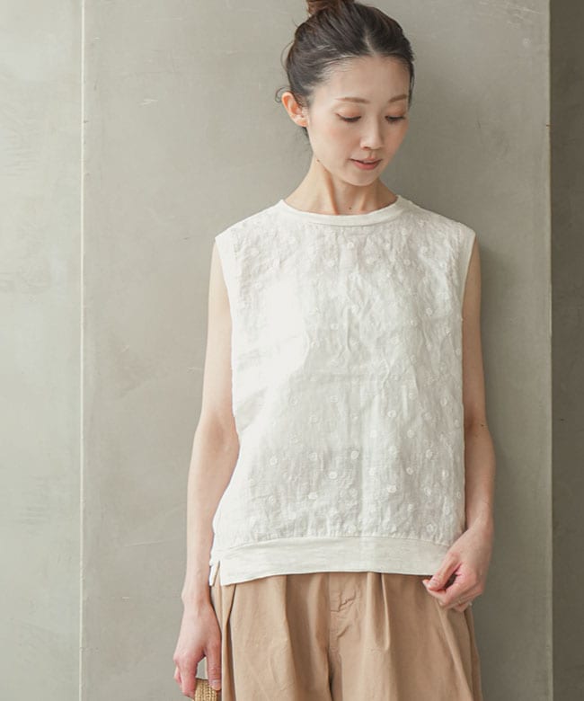 prit(プリット) 別注 綿麻天竺×リネンドット刺繍 切替ノースリーブ