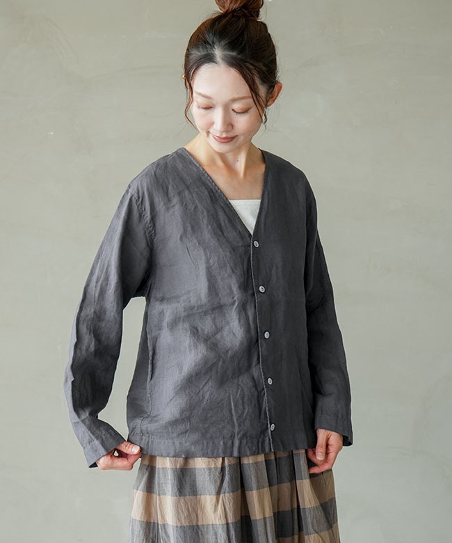 RINEN(リネン)60/1リネンローン カーディガン 麻 Vネック[R39612