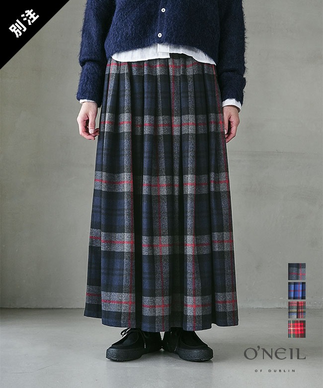 美品 オニールオブダブリン 赤 グレー チェック プリーツスカートロングスカート O'NEIL of DUBLIN（オニールオブダブリン） ロングスカート