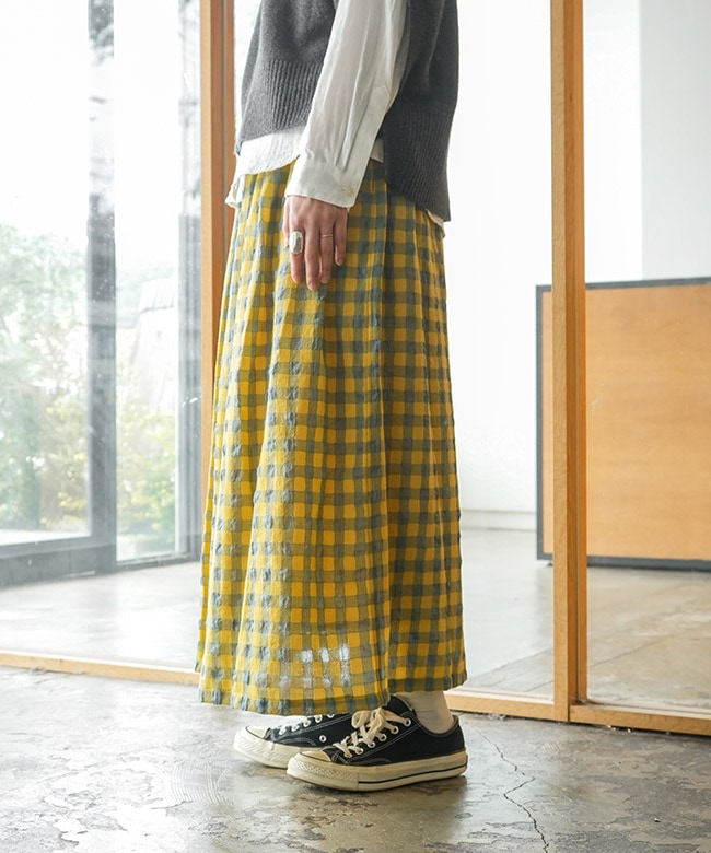 イチアンティークス ロングスカート 綿 ウール ICHI Antiquites(イチアンティークス) コットンウールギンガムチェック