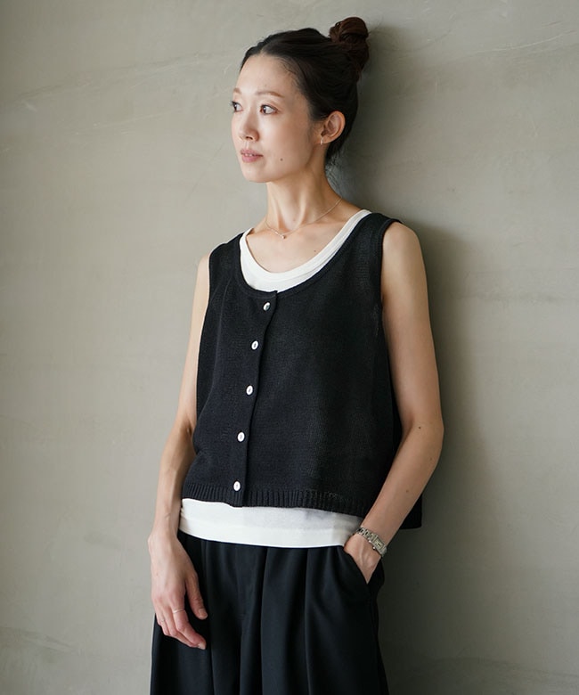 mizuiro ind - mizuiroindベスト SALE 20%OFF】mizuiro ind(ミズイロインド) linen like crew neck vest