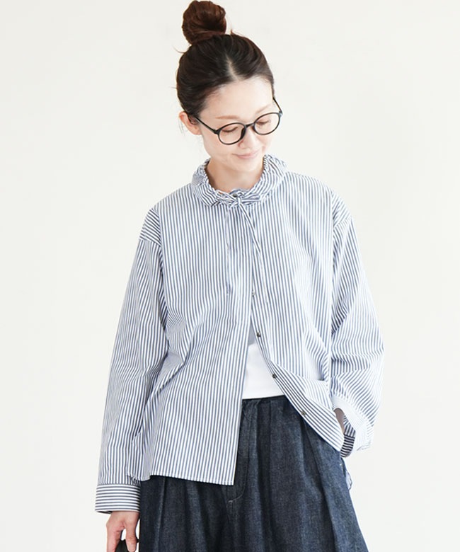 mizuiro ind(ミズイロインド)stripe gather neck shirt ストライプ