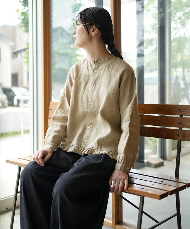 ★美品★grinグリン/リネン裾フリルシャツブラウス/ブルーグレー SALE 10%OFF】grin(グリン)40リネン 裾フリル羽織りシャツ レディース