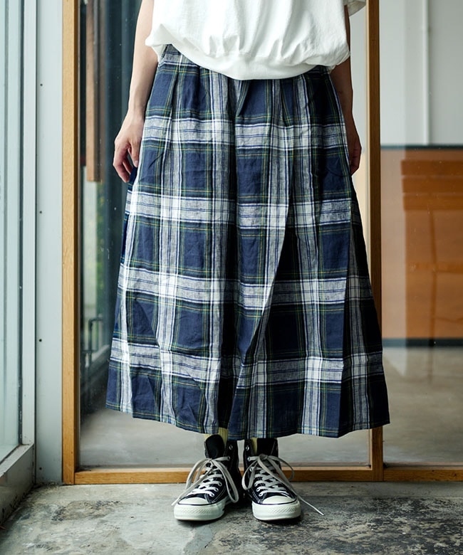 blue willow(ブルーウィロー) リネンタータンチェックギャザースカート