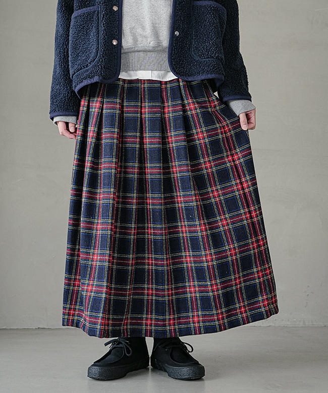 254148]ina(イナ) 別注 ウールチェックスカート ロング丈タックス