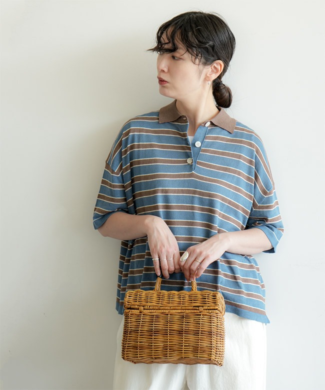 洗える】mao made(マオメイド) ポロニット 綿麻ボーダーポロ