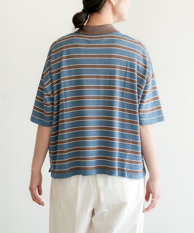 洗える】mao made(マオメイド) ポロニット 綿麻ボーダーポロ