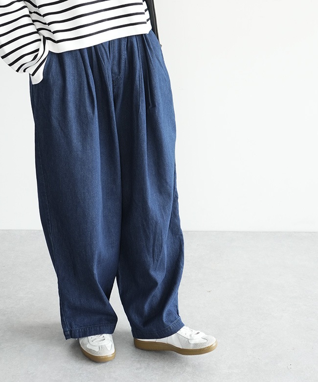 3-260068]mizuiro ind(ミズイロインド) denim tucked wide pants