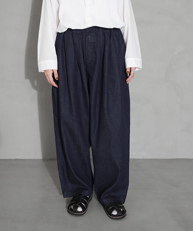 3-260068]mizuiro ind(ミズイロインド) denim tucked wide pants