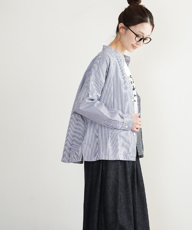 P81641]prit(プリット) 高密度ポプリンストライプスタンドカラービッグ