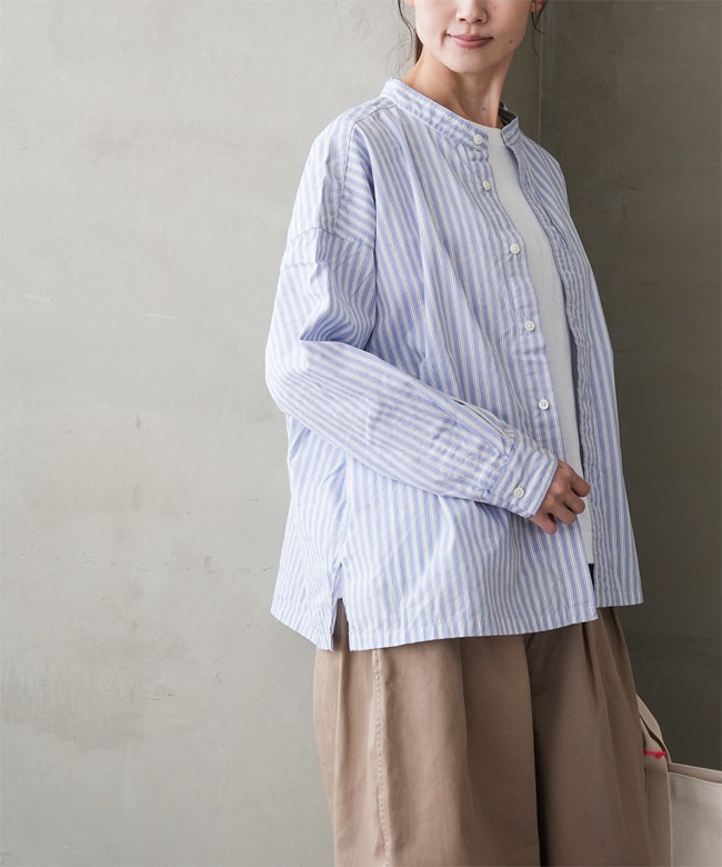 P81641]prit(プリット) 高密度ポプリンストライプスタンドカラービッグ