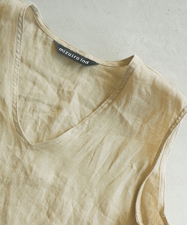 SALE 30%OFF】mizuiro ind(ミズイロインド) linen V neck flare OP