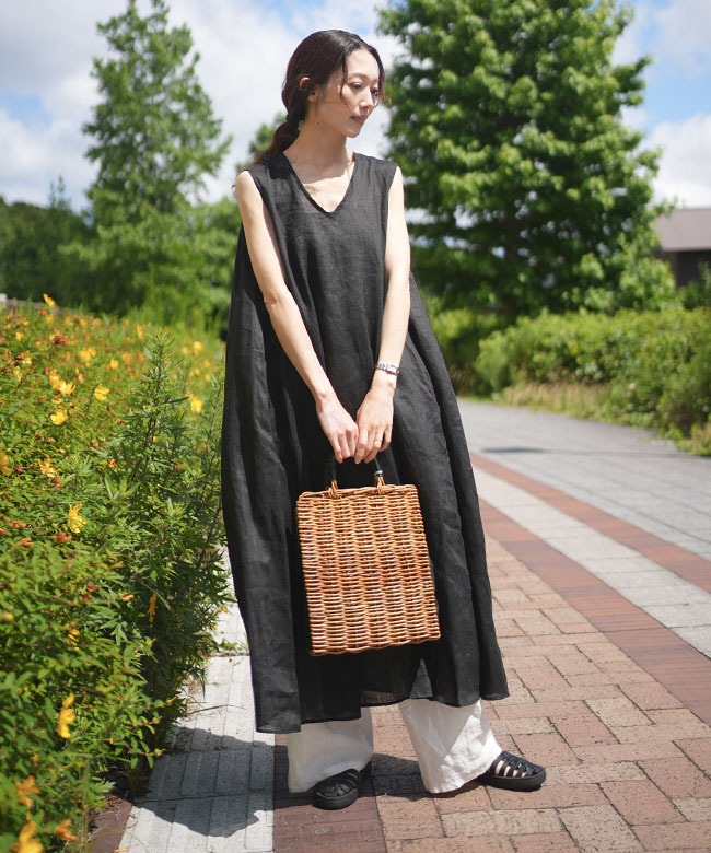 mizuiro ind(ミズイロインド) linen V neck flare OPリネンVネック
