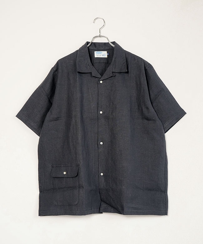 sold 手織りリネン グランパシャツ 黒ガラスビーズボタン WORKERS(ワーカーズ) Opem Collar Shirt オープンカラーシャツ メンズ