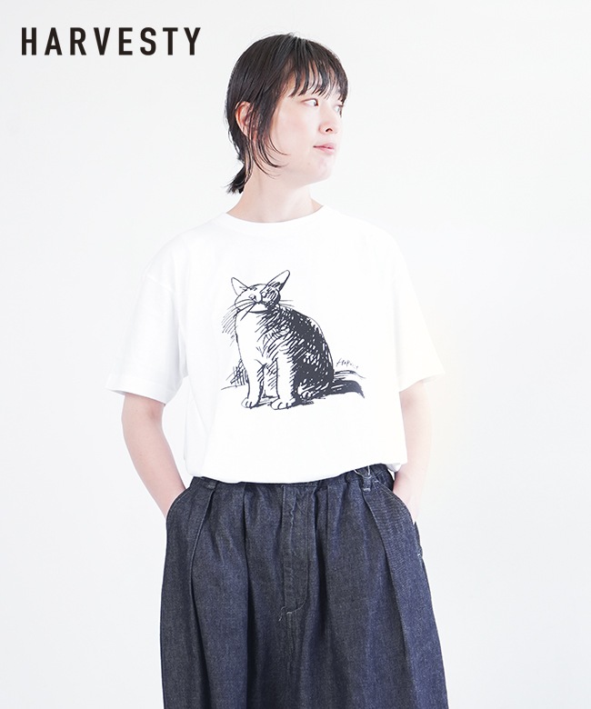 トップス CAT PRINTED TEE(BLACK, 38) Cat print round neck short sleeve T-shirt ユニセックス男女兼用