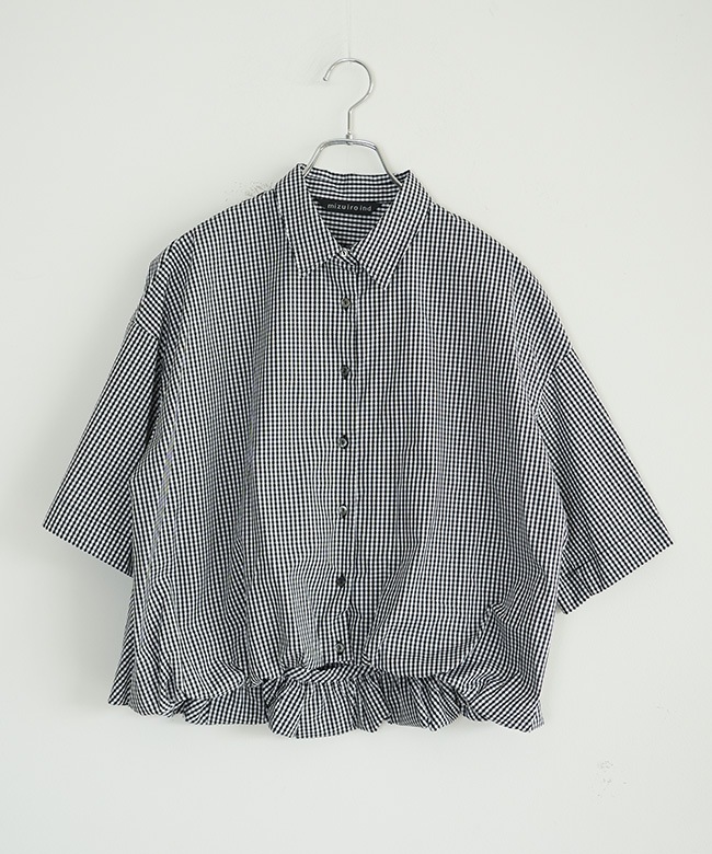 mizuiro ind ストライプハーフスリーブバルーンシャツ　ブラックチェック mizuiro ind｜ストライプ ハーフスリーブ バルーンシャツ stripe half