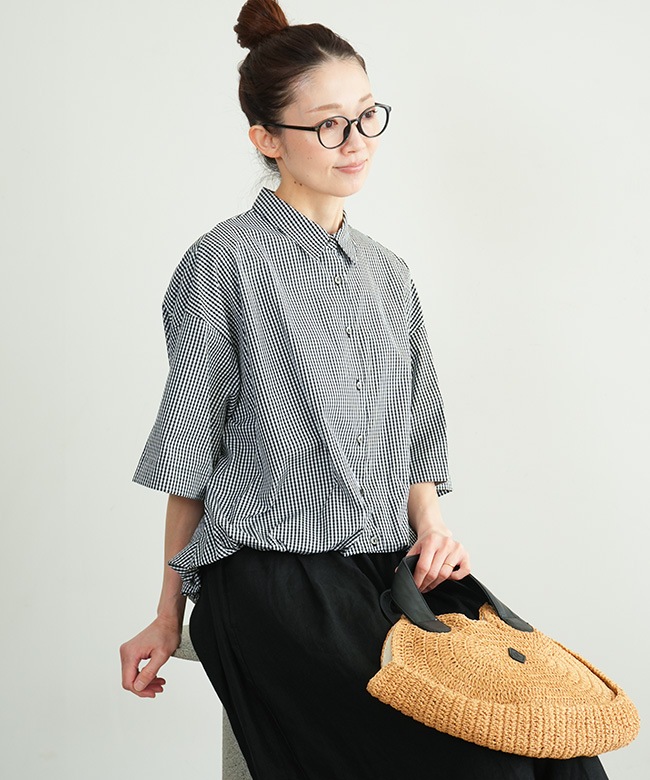 mizuiro ind ストライプハーフスリーブバルーンシャツ　ブラックチェック mizuiro ind｜ストライプ ハーフスリーブ バルーンシャツ stripe half