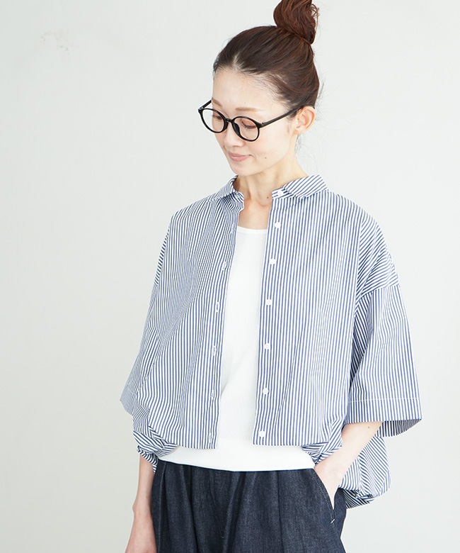 mizuiro ind(ミズイロインド)stripe half slv ballon shirt ストライプ