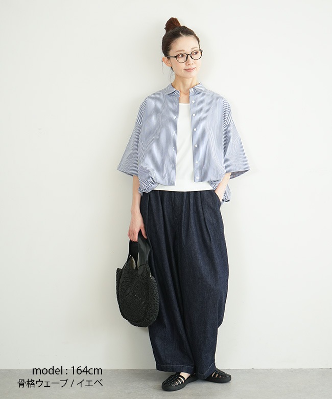 mizuiro ind ストライプハーフスリーブバルーンシャツ　ブラックチェック mizuiro ind(ミズイロインド)stripe half slv ballon shirt ストライプ