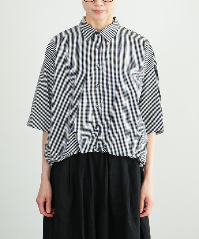 mizuiro ind ストライプハーフスリーブバルーンシャツ　ブラックチェック mizuiro ind｜ストライプ ハーフスリーブ バルーンシャツ stripe half