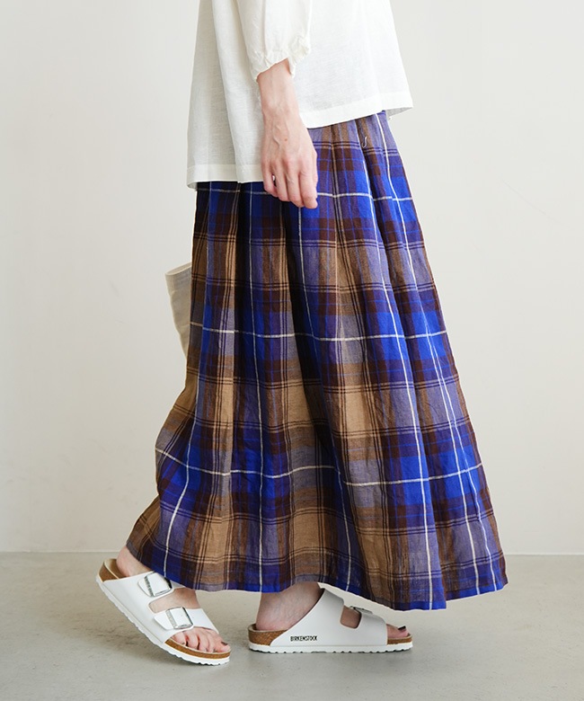 blue willows 未使用品　リネンチェックスカート blue willow/ブルーウィロウ 大柄チェックリネンタックスカート