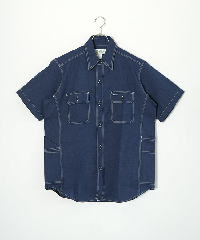 【美品】SASSAFRAS デニムシャツ　半袖　リネン　M 春夏　インディゴ SASSAFRAS(ササフラス) Garender Shir 1/2 Indigo Chambray ガーデナー