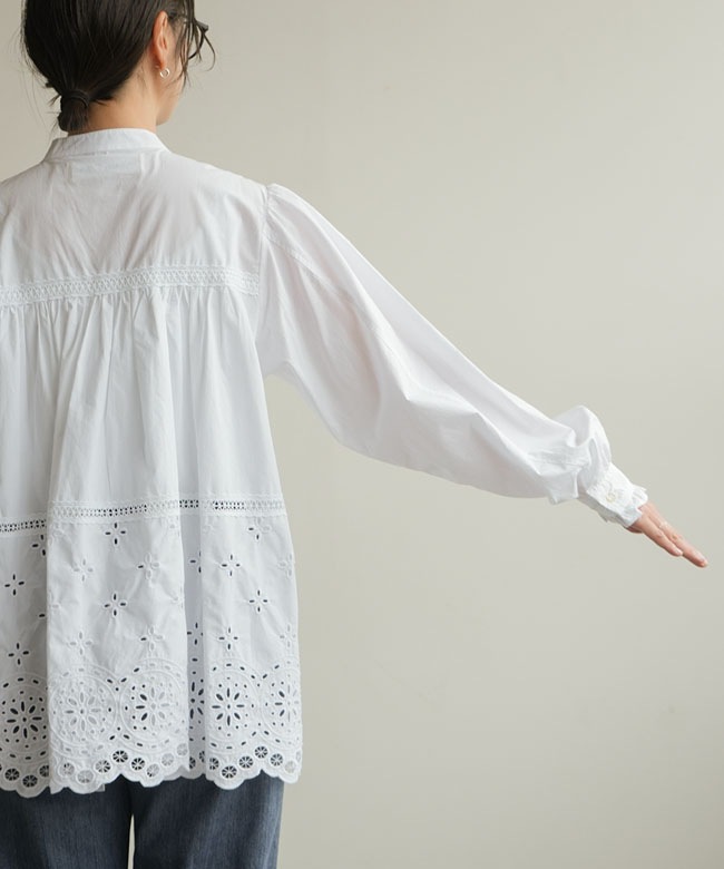 PEPLUM ヨシキヒシヌマシャーリング加工 長袖トップス ブルー THE SHINZONE(ザ シンゾーン) CHURCH BLOUSE チャーチブラウス シャツ