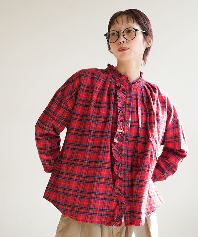 blue willow(ブルーウィロー) Cチェック裁ち切りフリルブラウス シャツ