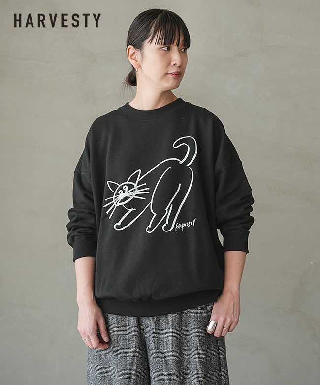 A52521]HARVESTY(ハーベスティ)PRINTED SWEATSHIRT＜CAT＞プリント