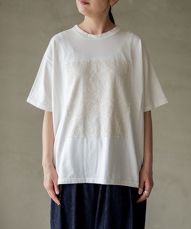prit(プリット) 40/2天竺×ボタニカル柄レース ワイドTシャツ 5分袖